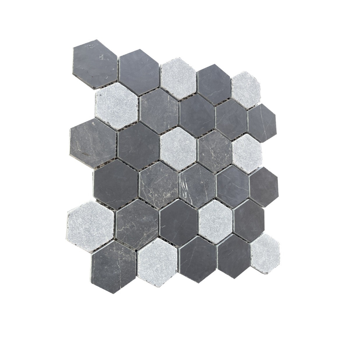 Đá Mosaic Đen, Ghi Nhạt Mài Hone, Rung Giả Cổ Hex 2''