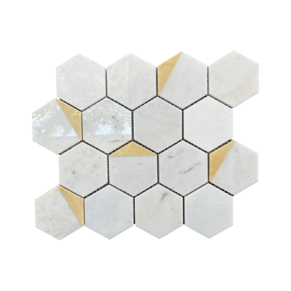 Đá Mosaic Trắng Sữa, Vàng Nhạt Mài Bóng Hex 3''